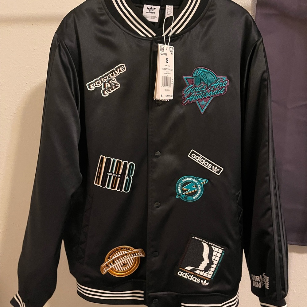 Adidas X Girls Are Awesome Black Varsity Jacket with Patches NWT